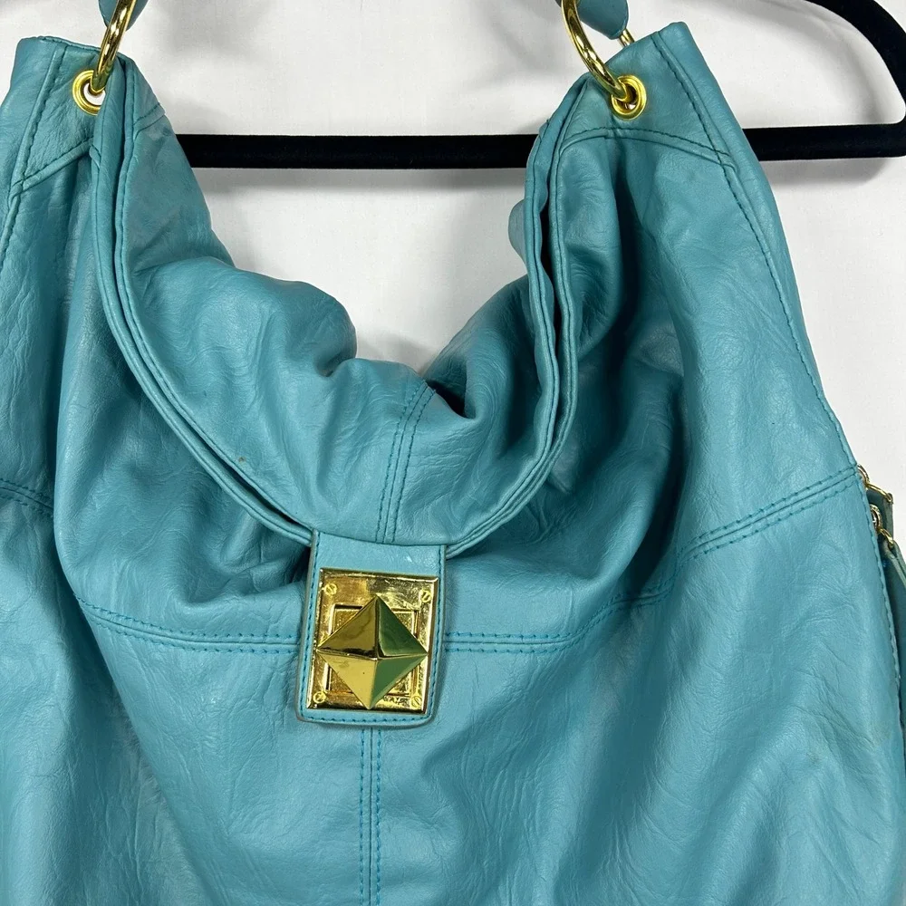 Turquoise Blue Slouchy Hobo Bag with Gold Hardware & Expandable Zipper
